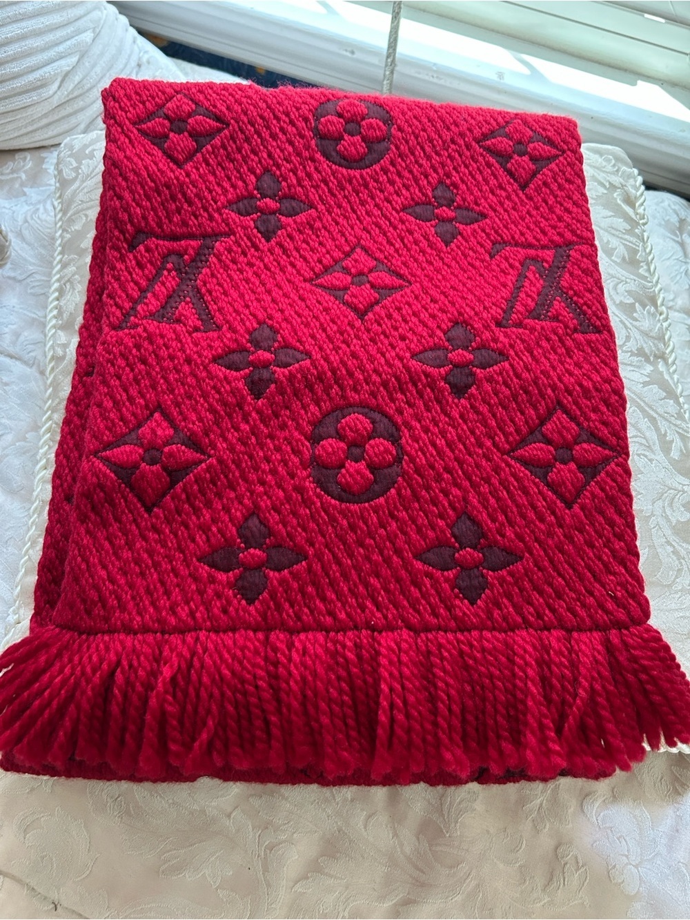 Authentic LV Red Monogram Wool & Silk Scarf or Wrap. Made in Italy w/ COA.